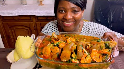 Asmr shrimp +cow skin +crabs +okra pepper soup with Fufu mukbang bang (eating show no talking