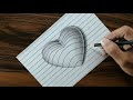 3D Heart On Line Paper Trick Art Drawing 