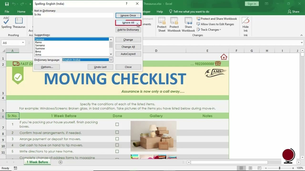 MS Excel – Review Tab – Proofing Group (Check Spelling & Thesaurus) in Hindi