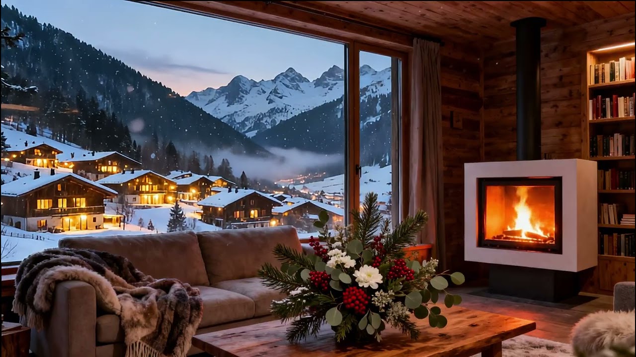 Cozy Winter Fireplace Ambience ❄️🔥 Soft Piano & Violin  Snowy Cabin Night 