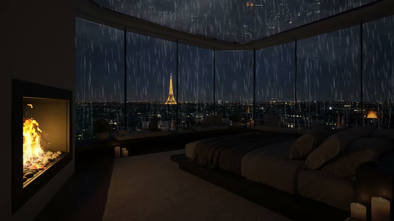 Paris Rain Outside the Window 🌧️ Fireplace Ambience for Peaceful Sleep