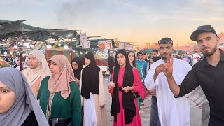 MARRAKECH MOROCCO WALKING TOUR, EID ALFITR 2024, SUNSET AND BUSY STREETS OF JEMAA ELFNAA, 4K
