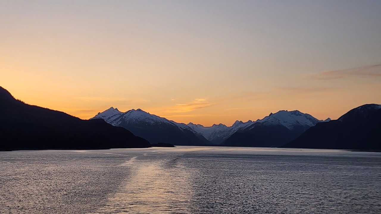 vlog during beautiful sunset sailing from Skagway to Juneau on Grand