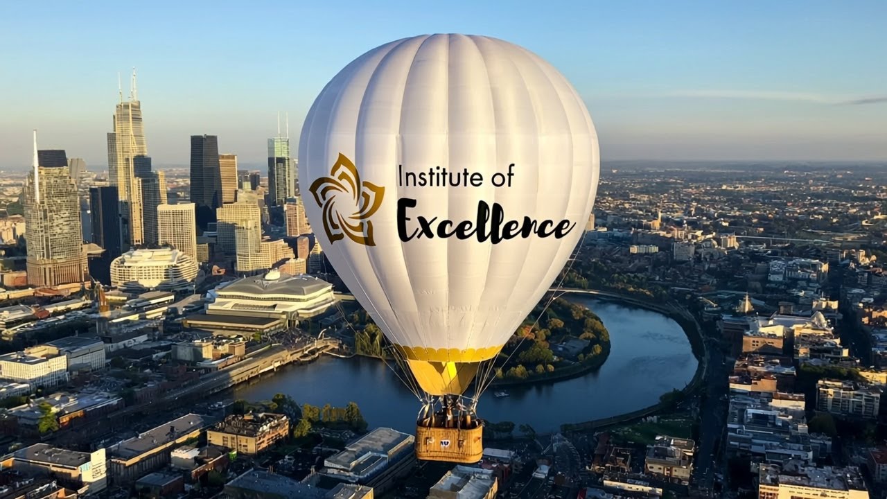 Institute of Excellence Hot Air Balloon flying over Melbourne City