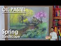 Oil Pastel Spring Landscape Drawing step by step | How to Draw Yellow &amp; Pink Tree