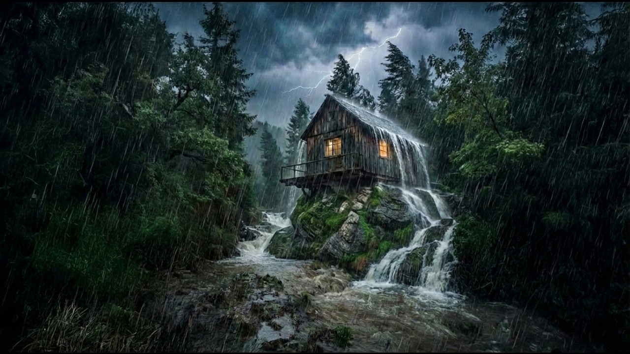 Cliff Cabin Storm ⚡ Extreme Rain, Thunder & Waterfall Flood | Dark Sleep