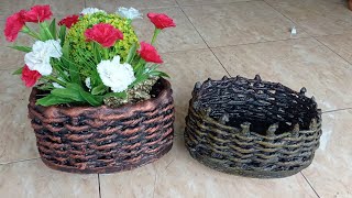 DIY  Creative Craft || Cara Membuat Vas Bunga rajut dari kain Bekas dan stick kayu  dan semen