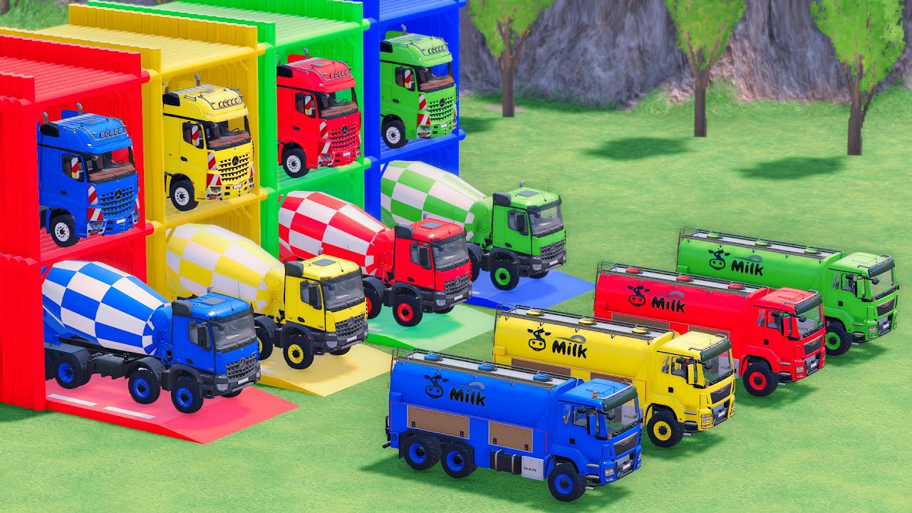 Trucks With COLORS - MERCEDES MIXER TRUCK and MAN MILK TRUCK with FLATBED TRAILER TRUCK - FS22