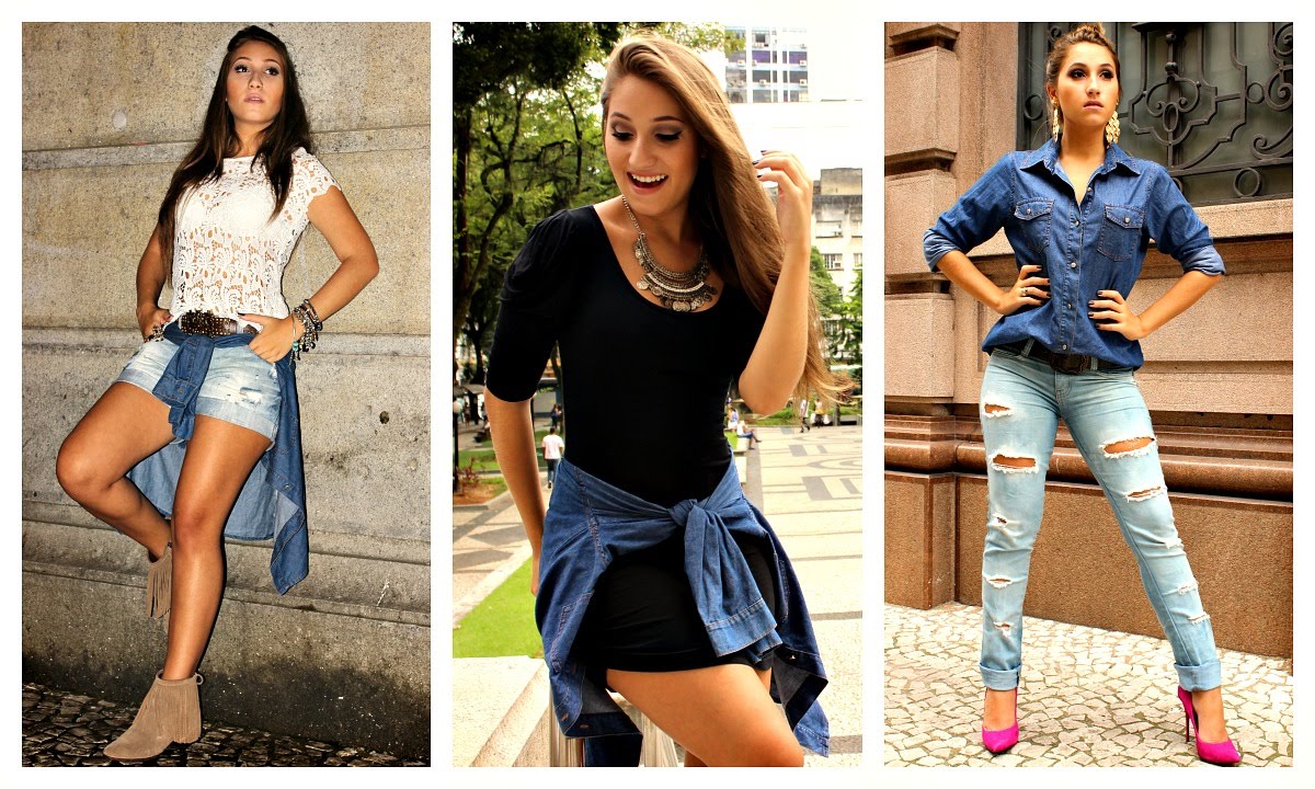 camisa jeans feminina amarrada na cintura