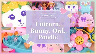 ✨SHOWCASE✨ Polly Pocket Groom & Glam Poodle, Unicorn Floatie, Garden Bunny, Sleepover Owl