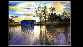 Easy Watercolor Landscape: Sunset Lakeside Hut.