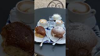 breakfast  made of brioche with buffalo yogurt and cappuccino in Salerno (Campani, Italy) food