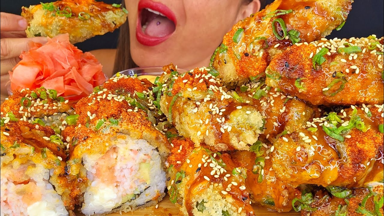 FRIED CRUNCHY GIANT SUSHI & JALAPEÑO POPPERS ASMR MUKBANG OMAD BIG BITES NO TALKING SEAFOOD