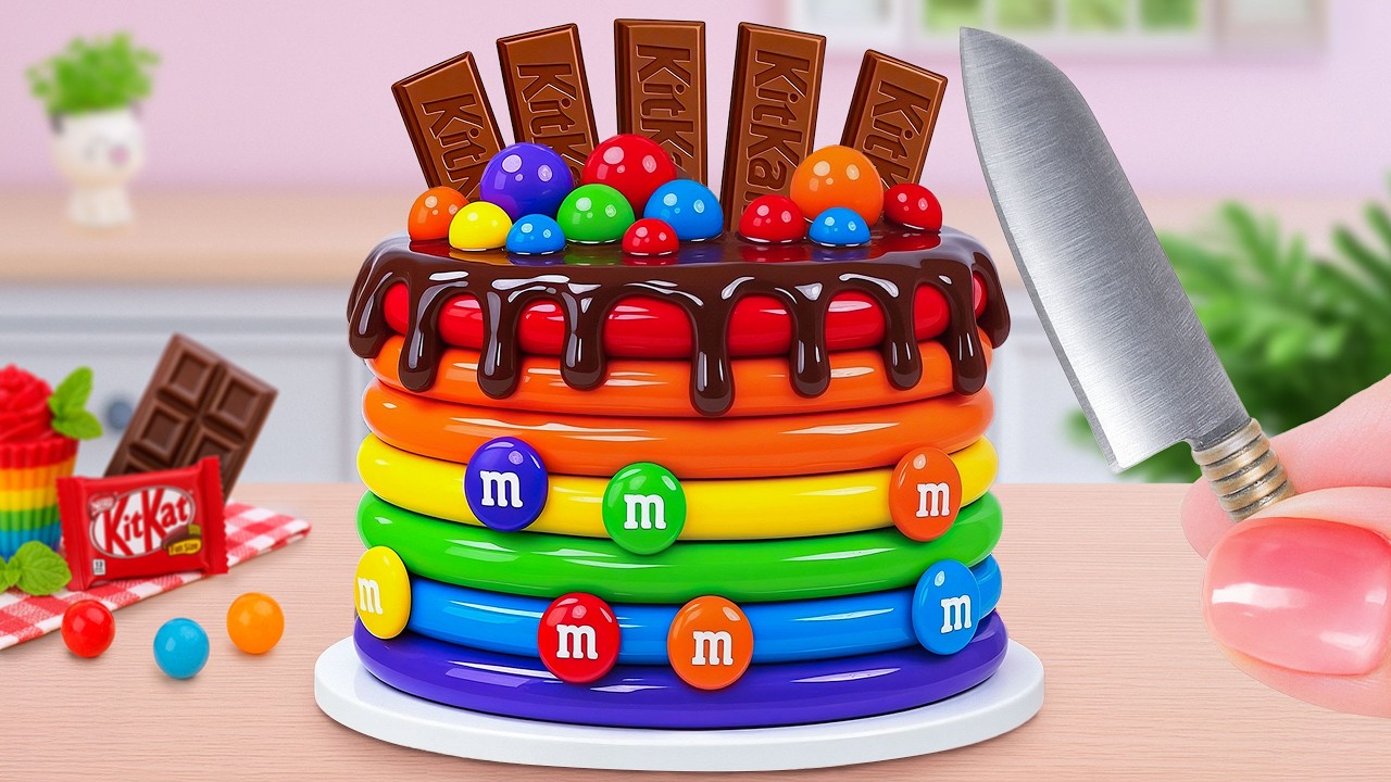 How To Make Tasty Mini Rainbow M&M KitKat Cake🌈Miniature Rainbow Cake Decorating🍰Bitty Kitchen