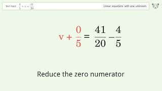 Linear equation with one unknown: Solve 4/5+v=41/20 step-by-step solution