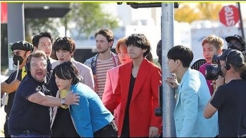 BTS crosswalk concert singing Dynamite, Butter , PTD with James Corden & lucky fan in LA 😭💜💣🧈🕺#bts