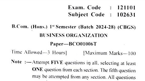 Gndu BCom 1st Semester Business Organisation Question Paper | Business Organization Paper 2024