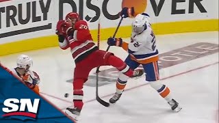 Canes' Aho, Oilers' Hyman each take a puck off the face, WJHL