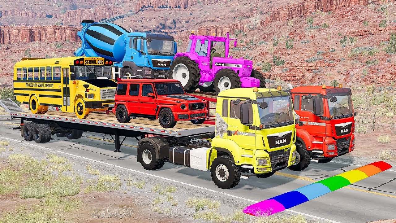 TRANSPORTING PIXAR CARS & FRUITS WITH COLORED & JOHN DEERE vs CLAAS vs TRACTORS - BeamNG.drive 
