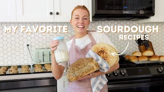 My Favorite Sourdough Recipes | sweet bread loaf, flatbreads, burger buns and cookies