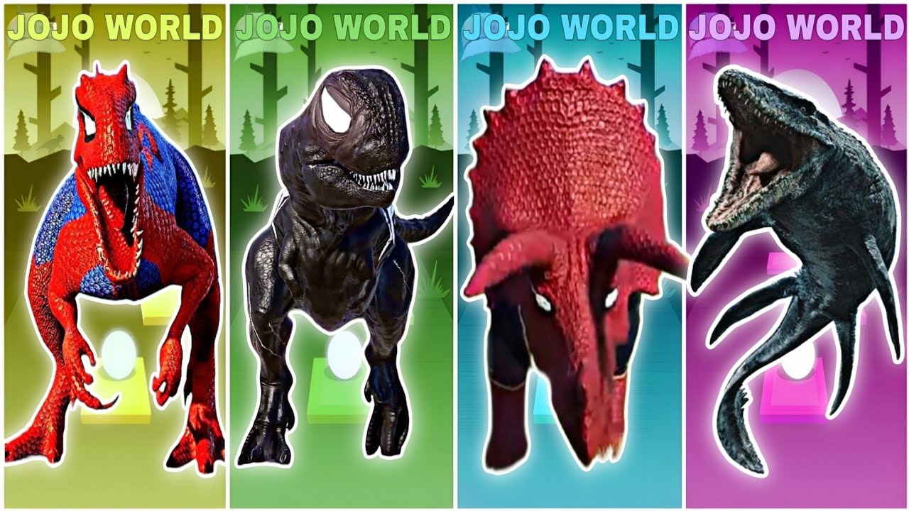 🦕JurassicWorld Dinosaur Spider Man 🆚T Rex VENOM 🆚Triceratops 🆚Mosasaurus Coffin Dance Song TilesHop