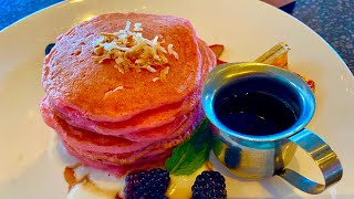 Pink pancakes at the Surf Lanai restaurant in Waikiki, Oahu, Hawaii, USA.