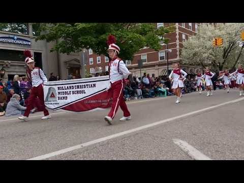 Holland Christian middle school marching band at Tulip time parade. May-11-2019 Holland, Michigan