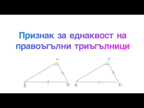 Признак за еднаквост на правоъгълни триъгълници - математика 7 клас.