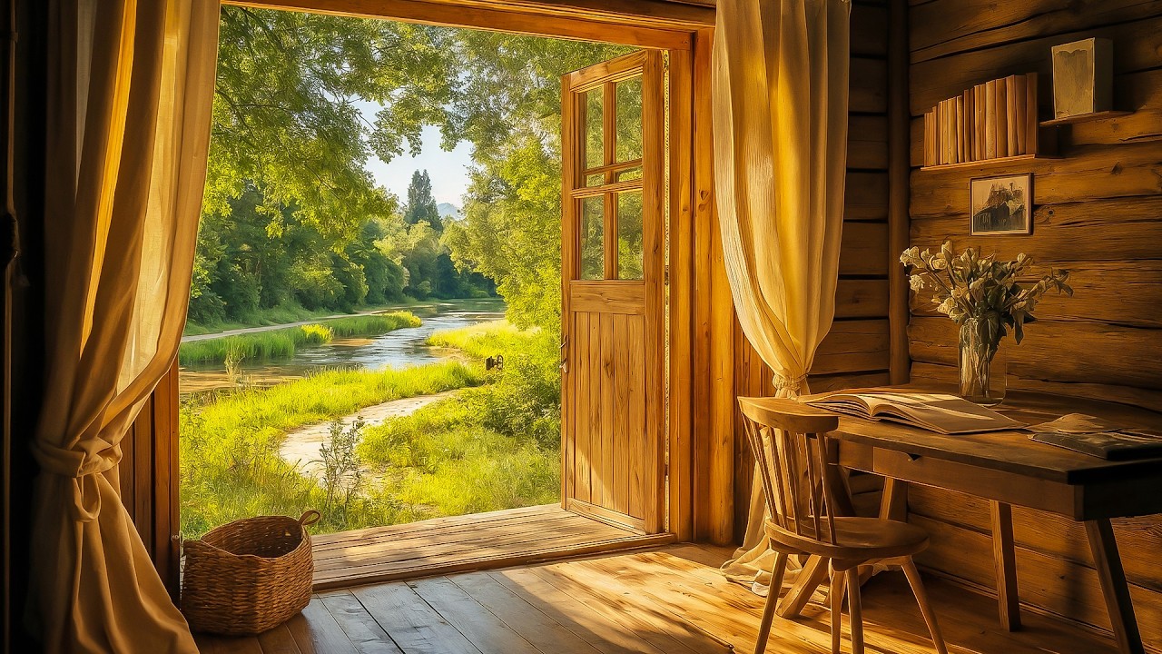 Cozy Cabin Study Ambience 📖 Open Door, River Breeze & Soft Page Turning | Quiet Spring Afternoon