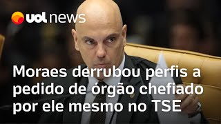 Moraes derrubou perfis a pedido de órgão chefiado por ele mesmo no TSE, mostra relatório