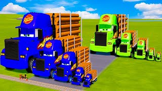Big &amp; Small Blue and Green Monster Truck Lightning McQueen VS Train | BeamNG.Drive