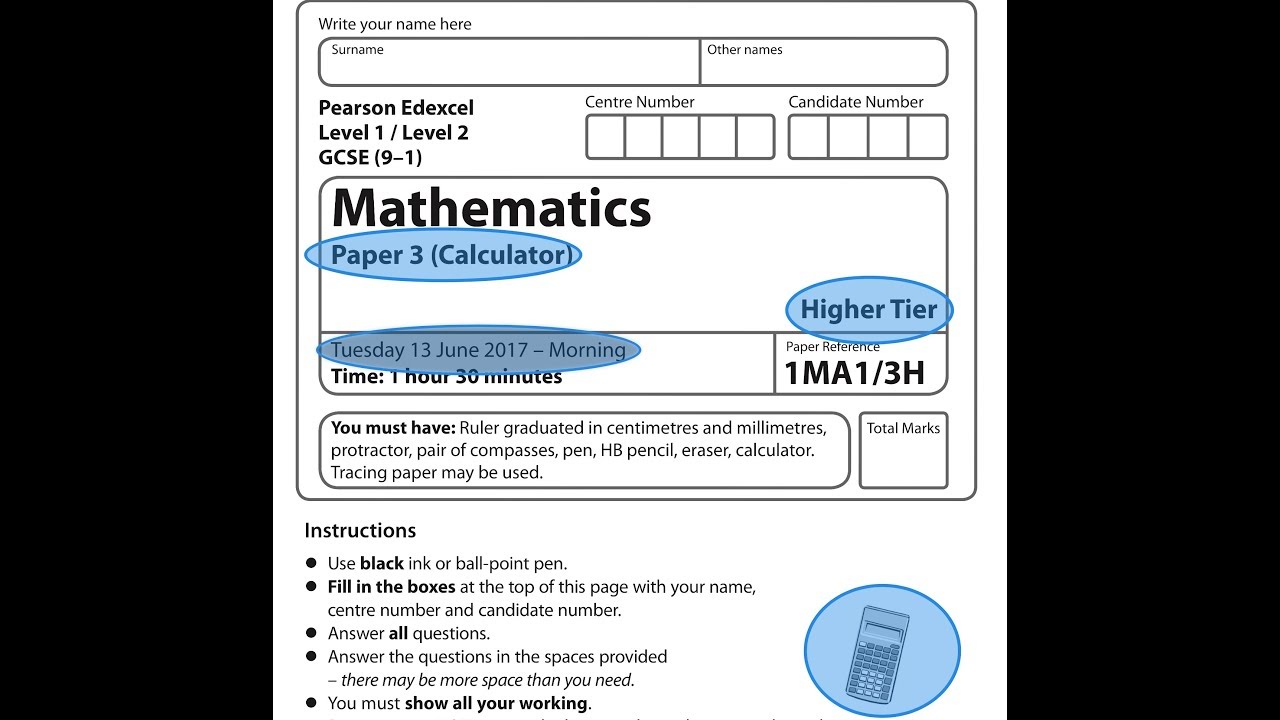 Edexcel Gcse Maths June 17 Paper 3 Higher Calculator 3h Youtube