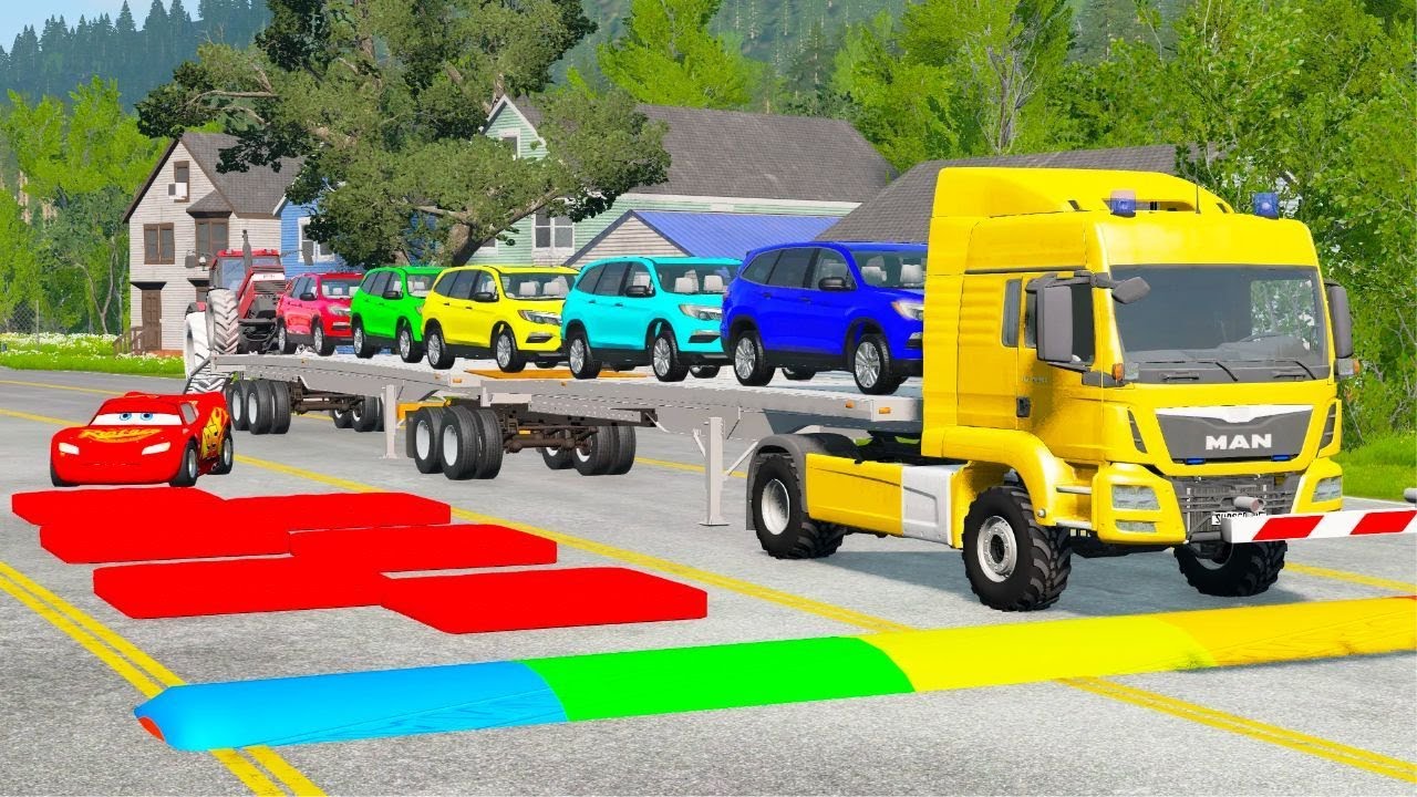 TRANSPORTING Pixar Cars & Fruits | John Deere vs CLAAS Tractors 🚜 | BeamNG Drive LIVE 