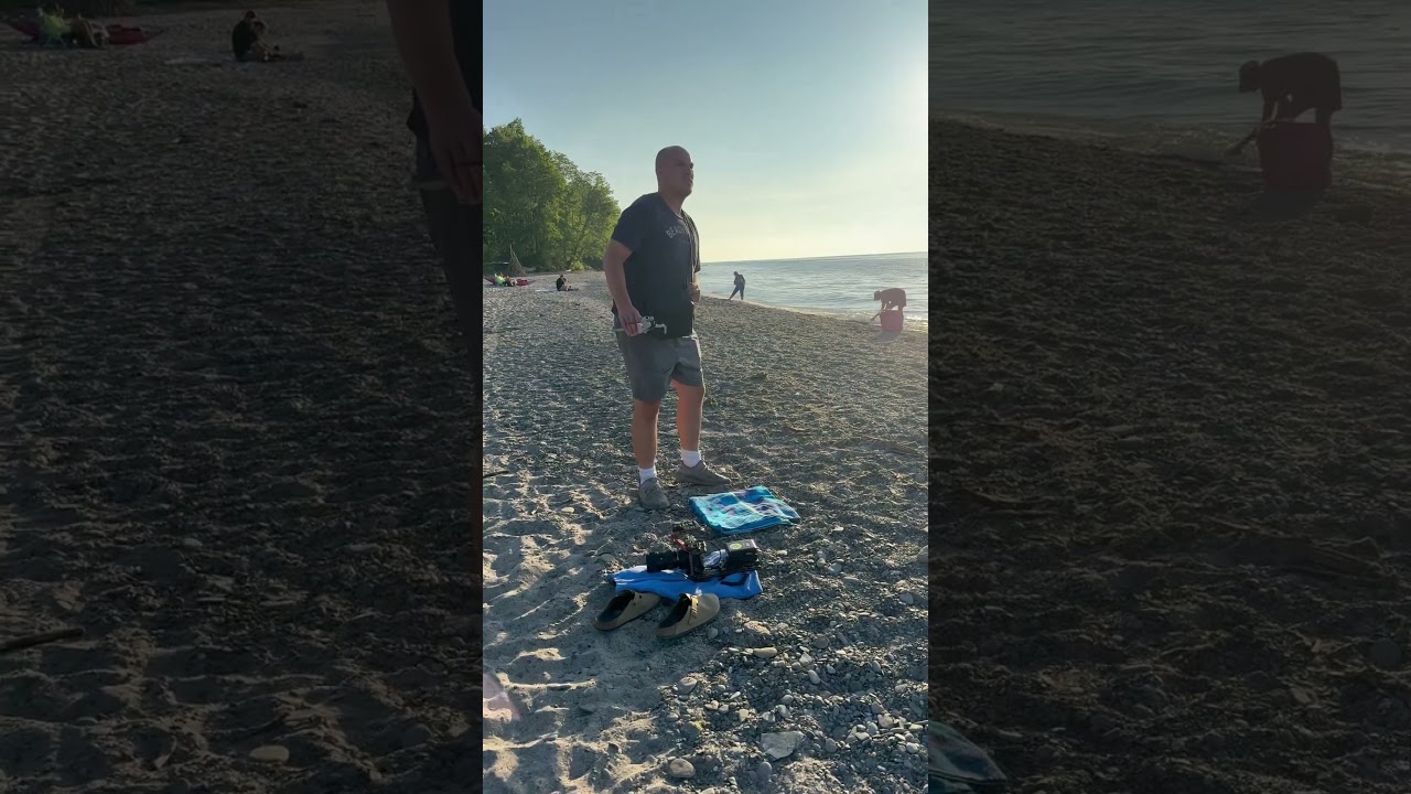 Setting up the drone on the beach at Lake Erie 
