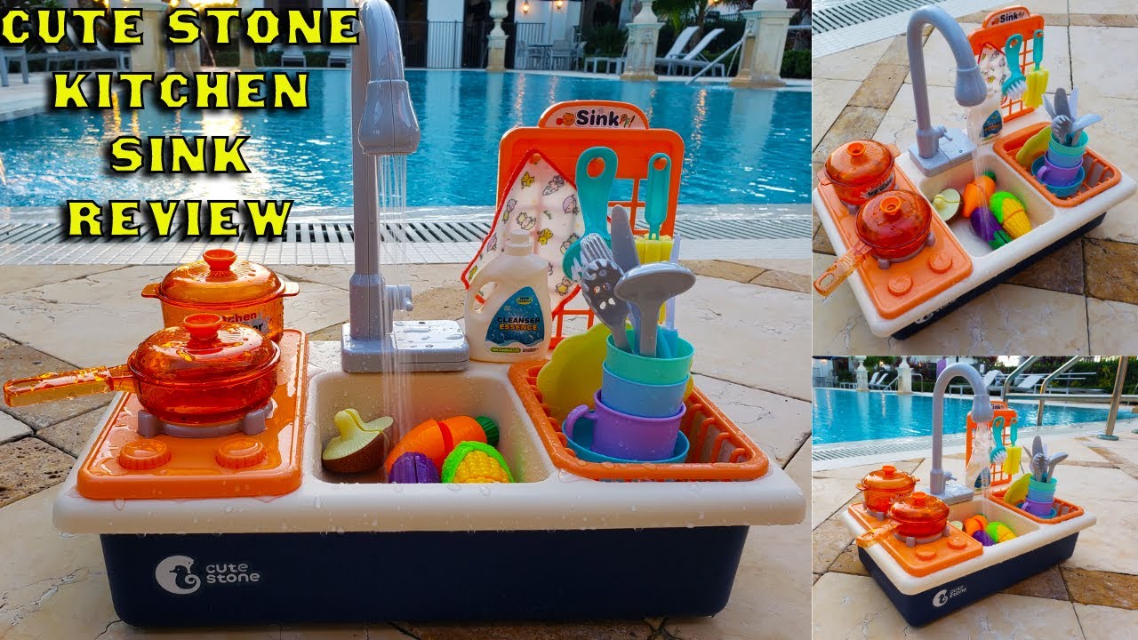 CUTE STONE Play Kitchen Sink Toys with Play Cooking Stove, Cookware Po