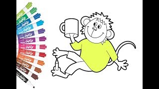 Coloring Monkey Giraffe and Girl Coloring Pages for Children with Color Markers Step by Step