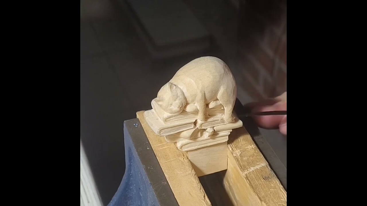 Wood carving process- sleeping cat on the books