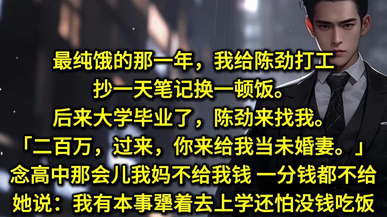 最纯饿的那一年，我给陈劲打工。抄一天笔记换一顿饭。后来大学毕业了，陈劲来找我。「二百万，过来，你来给我当未婚妻。」念高中那会儿我妈不给我钱，一分钱都不给。她说，我有本事犟着去上学，还怕没钱吃饭？
