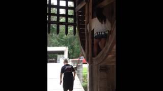 Emily lowering the drawbridge at Newman's castle