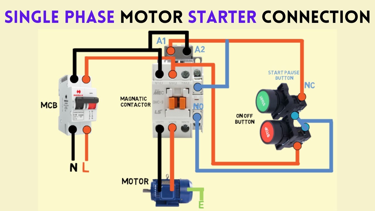 single phase motor starter connection diagram magnetic contactor - YouTube