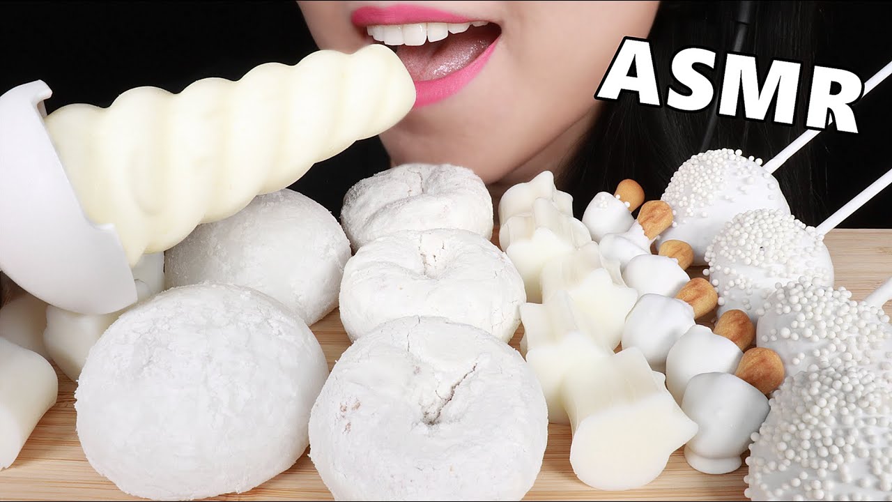 ASMR EATING SOUNDS White food: Ice Pop Mochi Chocolate Covered Strawberries Donut Jelly 모찌 도넛 먹방 咀嚼音