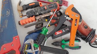 Engineering Tools Collection, Drill, Grinder, Hammer, Screwdriver, Pliers, Wrench, Cutting Pliers.