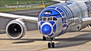 Airplane takeoff and landing at Dusseldorf airport