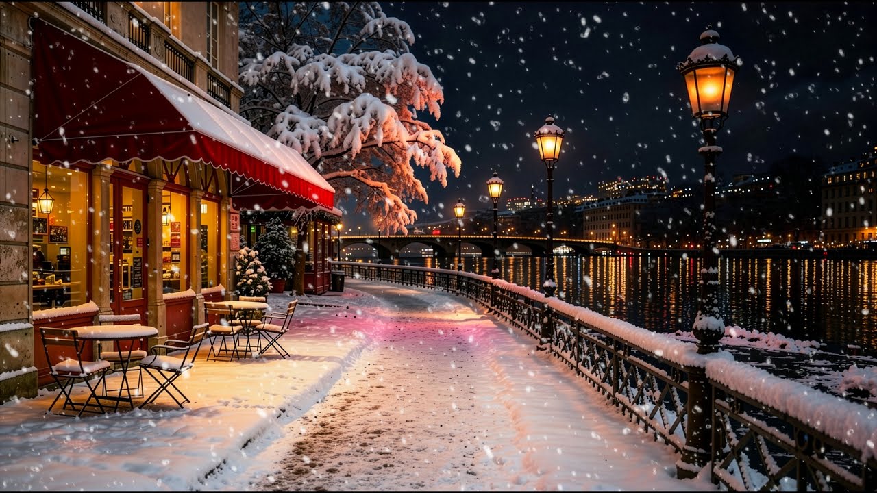 Soft Snowfall by the River | Smooth Jazz Saxophone Night Ambience