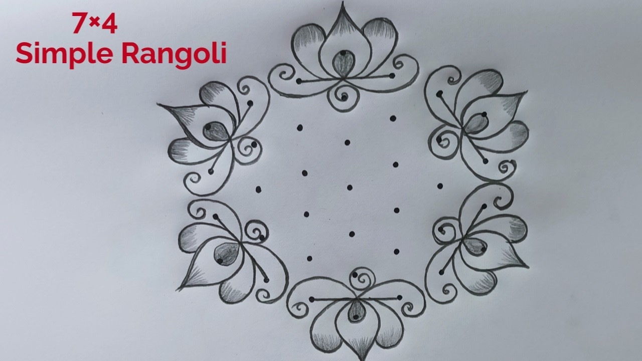 Very Simple and Easy Rangoli Design 7×4 🌺 7 Dot Flower Kolam 🌺 Pandaga Muggulu 🌺 Beautiful Rangoli