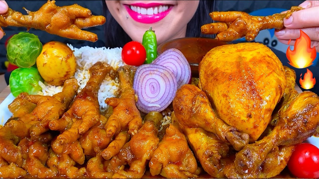 ASMR SPICY CHICKEN FEET CURRY, WHOLE CHICKEN CURRY, EGG CURRY, RICE MASSIVE Eating Sounds