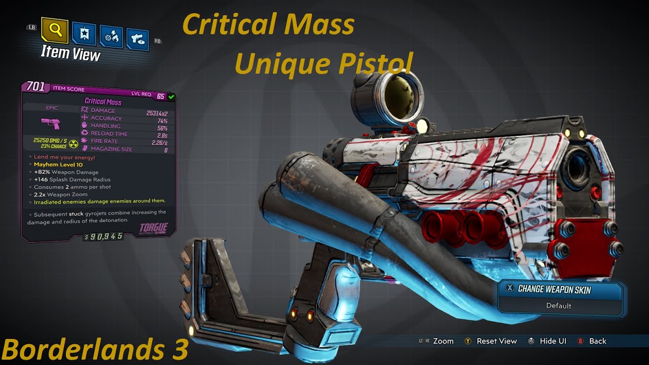 Borderlands 3: Critical Mass, unique pistol. Shoots 2 Gyrojets that explode on impact.