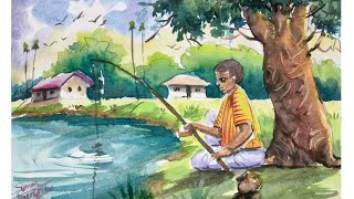 how to draw scenery of fisherman catching fish fishing scenery drawing /মাছধরা সিনারি ড্রয়িং