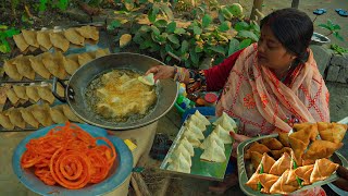 Family Cooking &amp; Eating Samosa and Jalebi and Namakpare With Desi Green Chutney | Village picnic