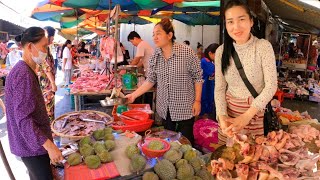 Amazing Cambodian food market  fresh fruits, vegetables, pork, fish, seafood & more